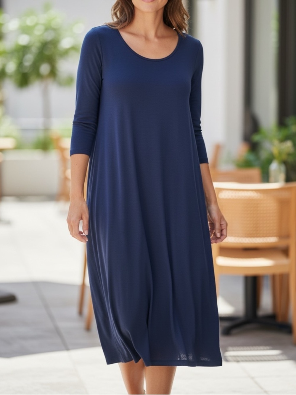 Papillon Navy Blue Sleeved Aline Bamboo Lightweight Pockets Midi Knit Dress SzL